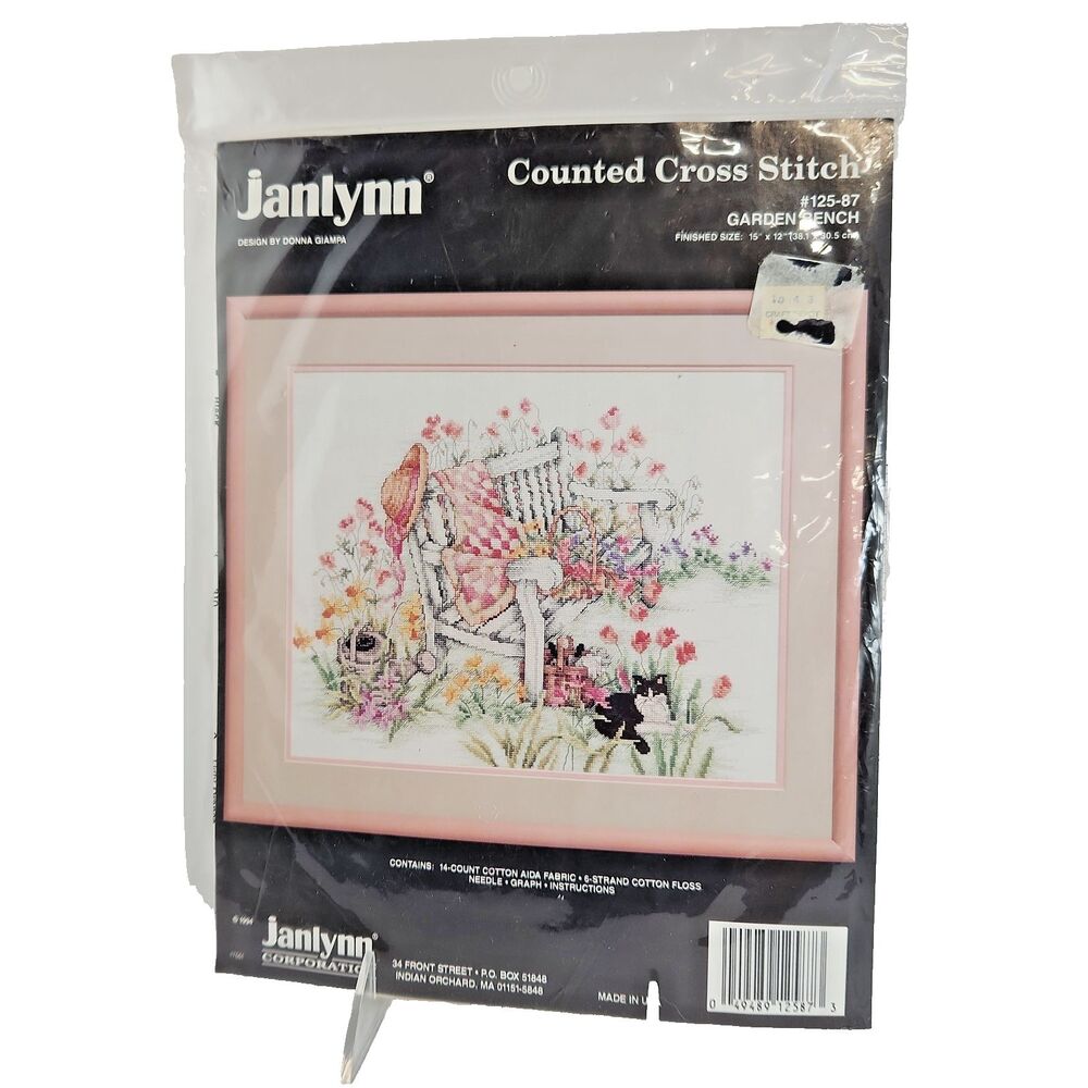 Janlynn Garden Bench Cross Stitch Kit 125-87 Cat Flowers 15 x 12 NEW Vintage USA